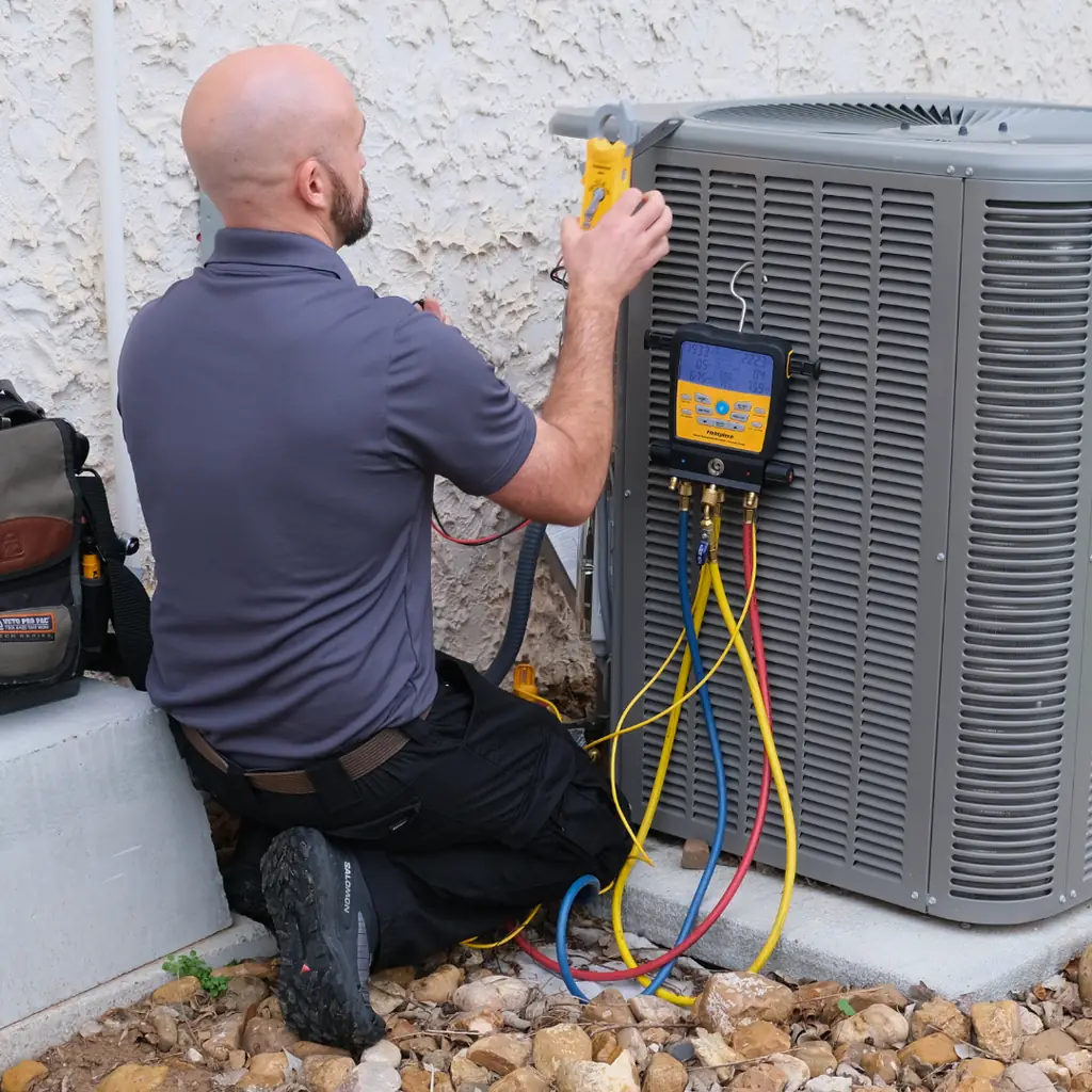 Optimal Air Solutions technician taking readings at an outdoor condenser with a gauge manifold