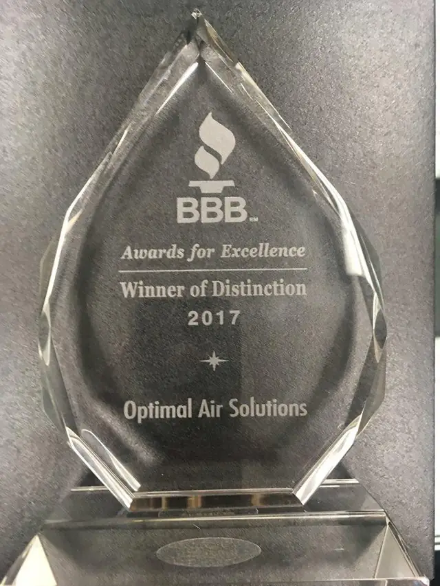 The BBB Awards for Excellence, Winner of Distinction, 2017, glass trophy engraved with Optimal Air Solutions